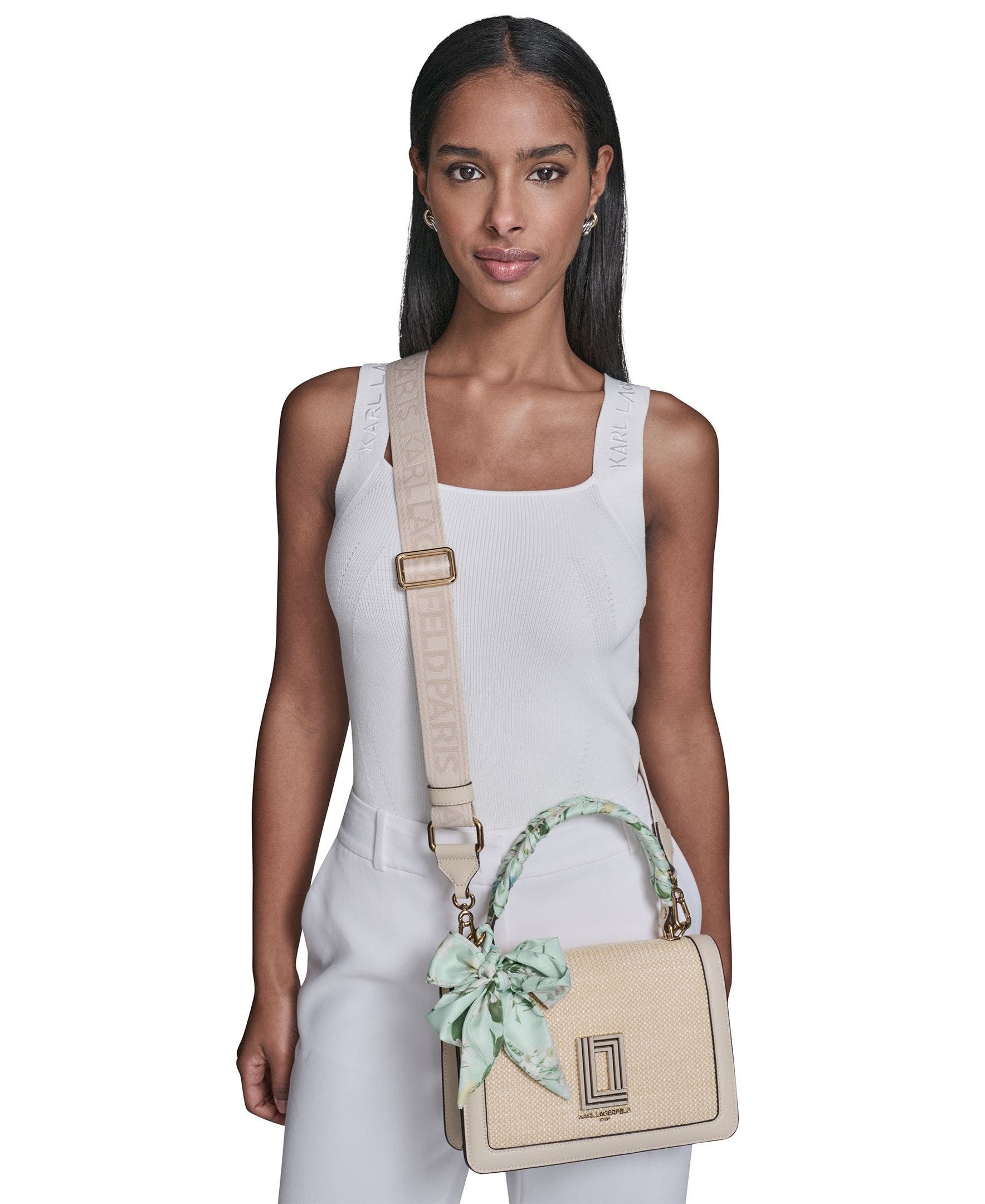 KARL LAGERFELD PARIS Simone Raffia+Scarf Satchel, Alternate, color, Neutral