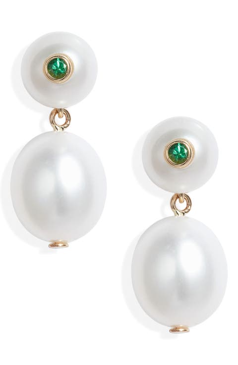 Freshwater Pearl & Emerald Drop Earrings