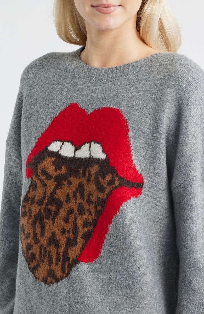 Lucky Brand Cloud Soft Rolling Stones Hot Lips Intarsia Sweater, Alternate, color, Medium Heather Gray