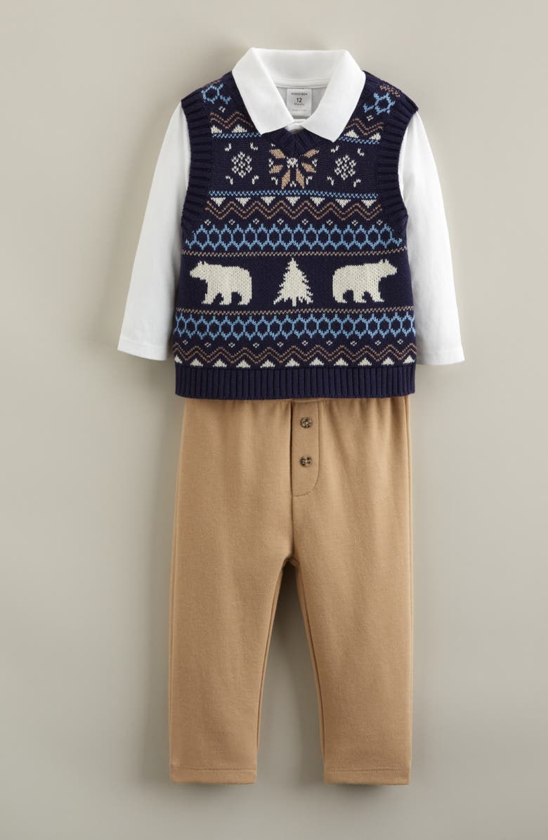 Nordstrom Fair Isle Vest, Bodysuit & Pants Set, Alternate, color, Navy Forest Stripe- Tan Stock