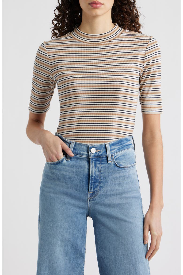 The Stripe Mock Neck Rib Top, Main, color, CAMEL MULTI