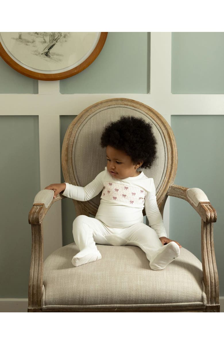 MiniMoi Baby and Toddler Girls Pretty Smocked and Bow-Trimmed Footie, Alternate, color, Winter White