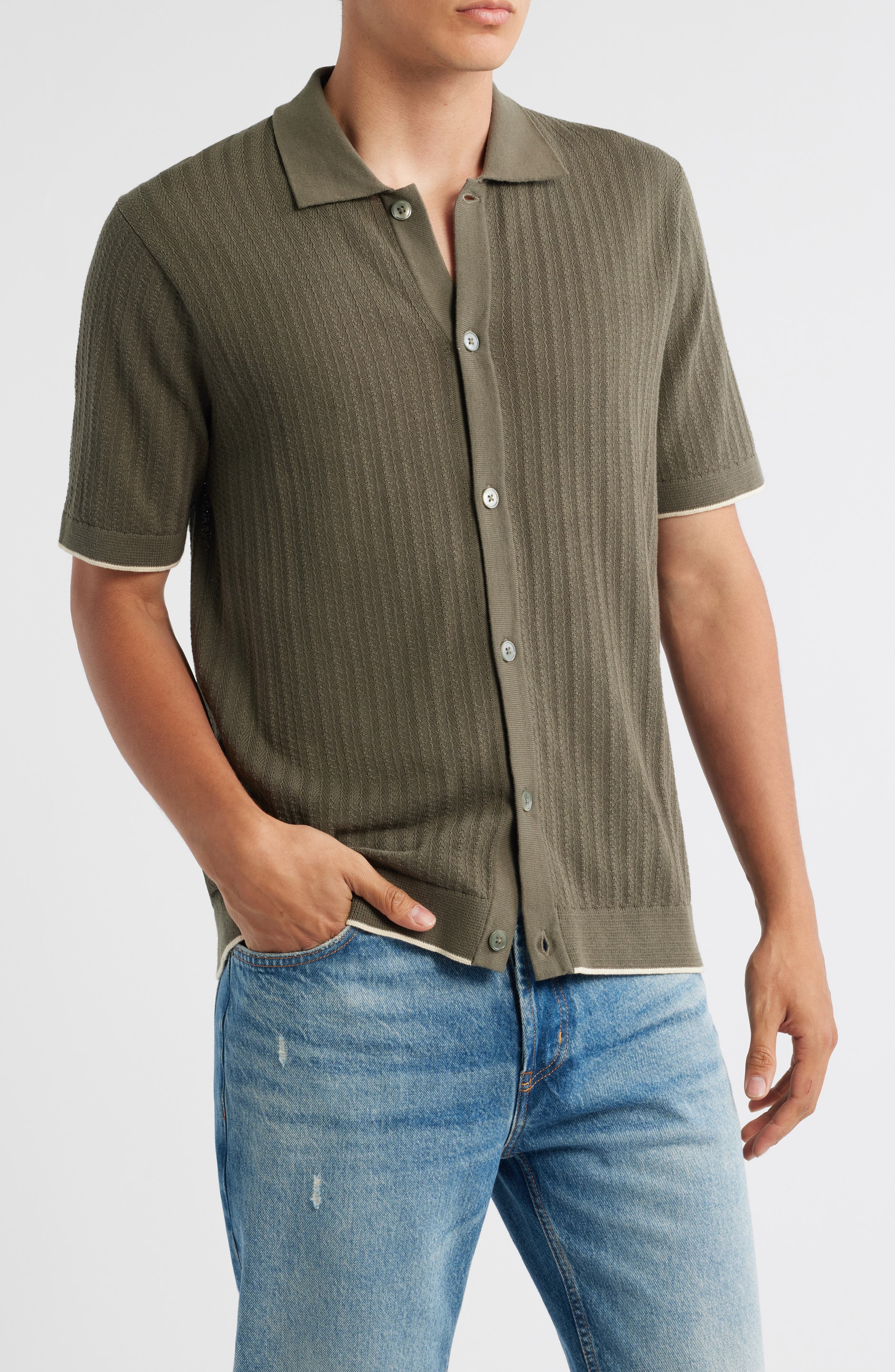 NN07 Nalo 6561 Short Sleeve Knit Cotton Button-Up Shirt