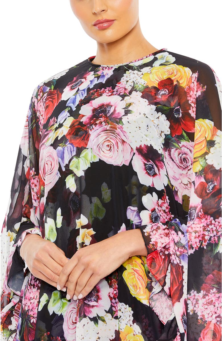 Mac Duggal Floral High Neck Mini Dress with Cape Overlay and Ruffle Hem, Alternate, color, Multi