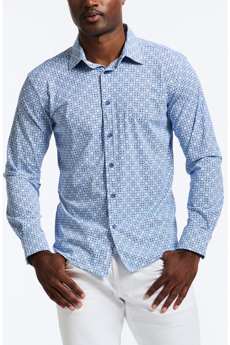 Caspian Classic Fit Foulard Print Knit Button-Up Shirt, Main, color, BLUE
