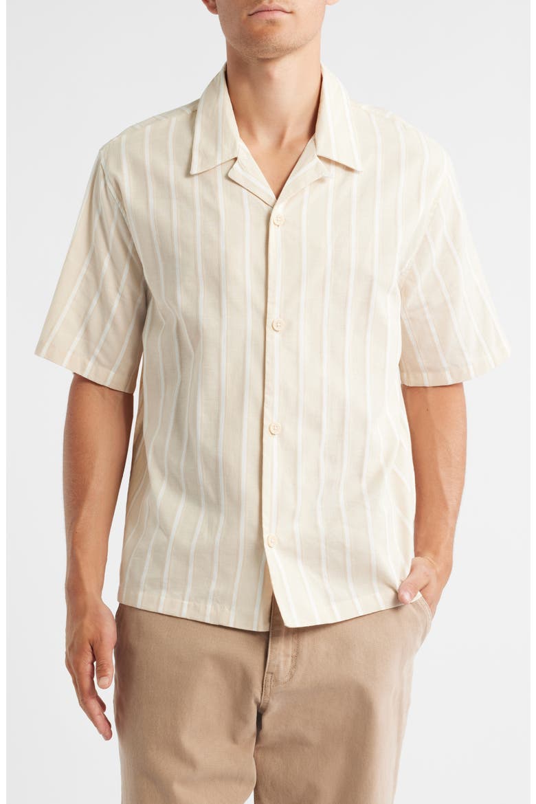 Stripe Cotton & Linen Camp Shirt, Main, color, TAN