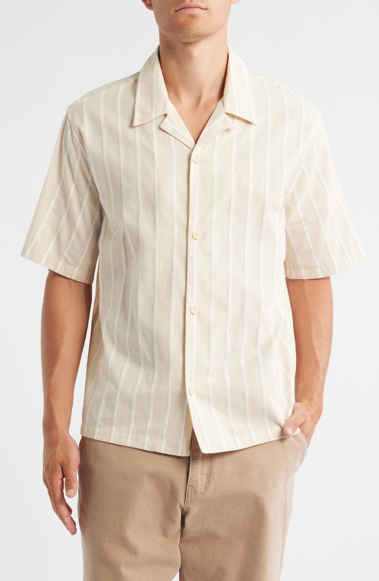 PacSun Stripe Cotton & Linen Camp Shirt, Main, color, Tan
