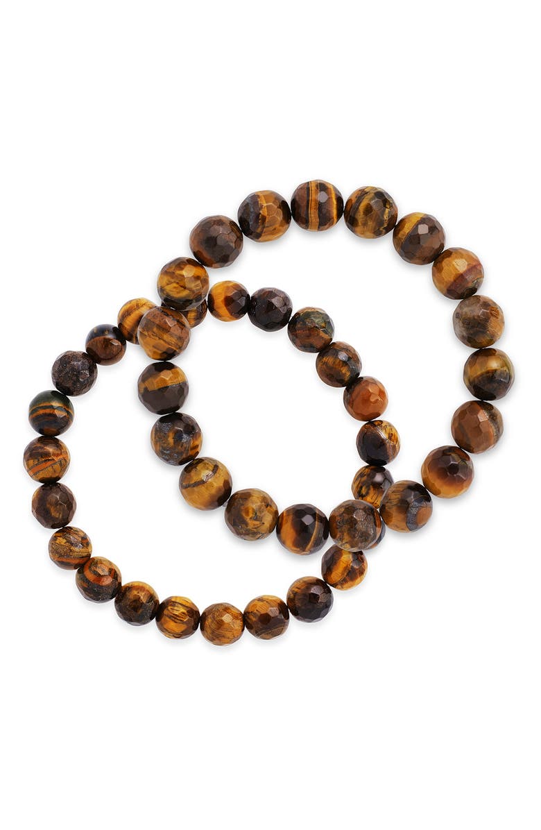 Sterling Forever Set of 2 Tiger's Eye Stone Beaded Stretch Bracelets, Main, color,