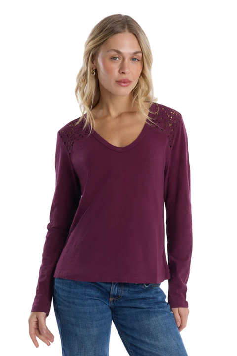 V-Neck Long Sleeve Mixed Media Tee with Lace Inset