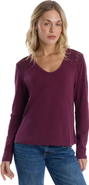 WILT Clothing V-Neck Long Sleeve Mixed Media Tee with Lace Inset