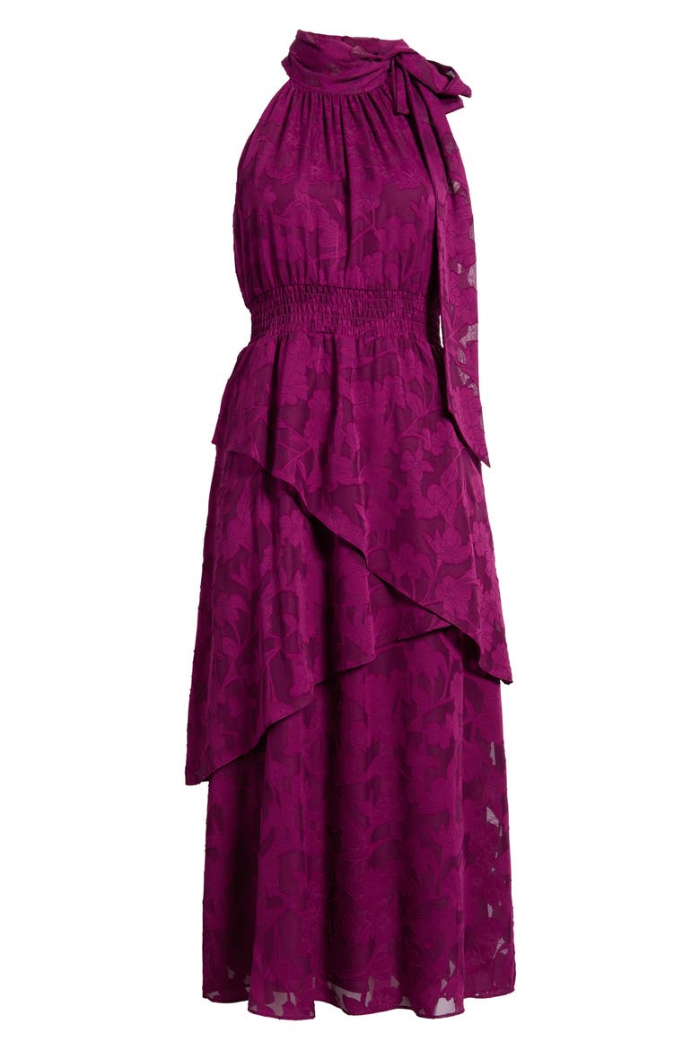 Floral Jacquard Asymmetric Tiered Midi Dress, Alternate, color, BEET