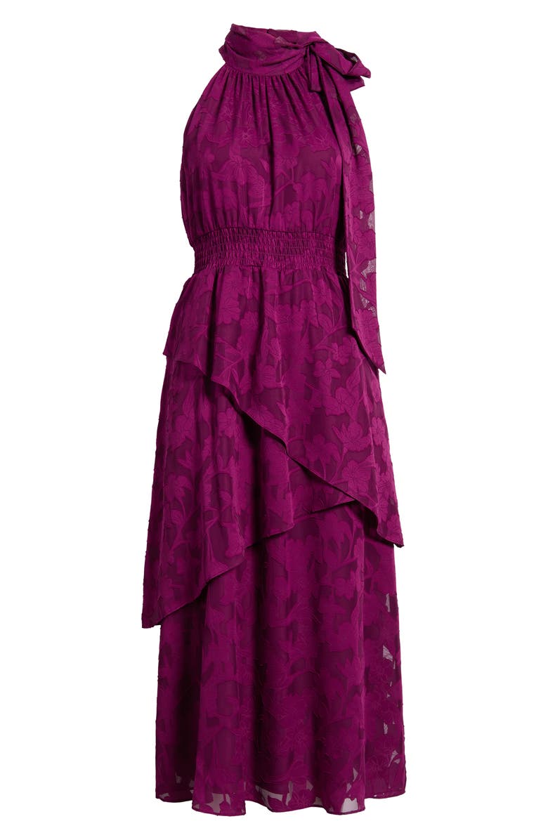 Anne Klein Floral Jacquard Asymmetric Tiered Midi Dress, Main, color, Beet