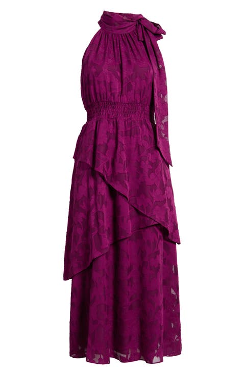 Floral Jacquard Asymmetric Tiered Midi Dress