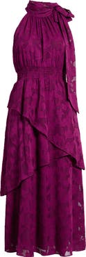 Anne Klein Floral Jacquard Asymmetric Tiered Midi Dress