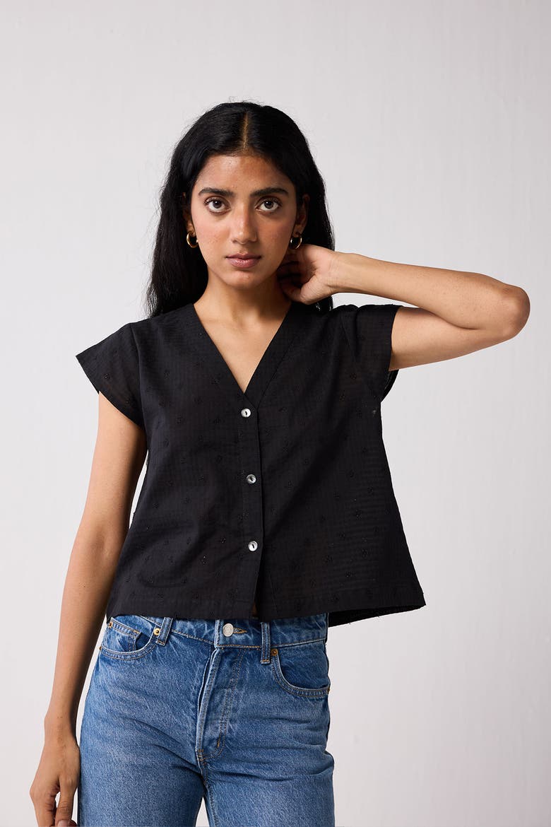 V-Neck Embroidered Top with Front Buttons, Alternate, color, Textured Eyelet in Black