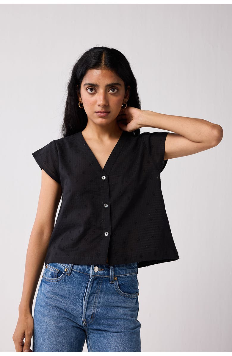 Reistor V-Neck Embroidered Top with Front Buttons, Alternate, color, Textured Eyelet In Black