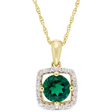 Gemstone & Diamond Square Halo Necklace 10K