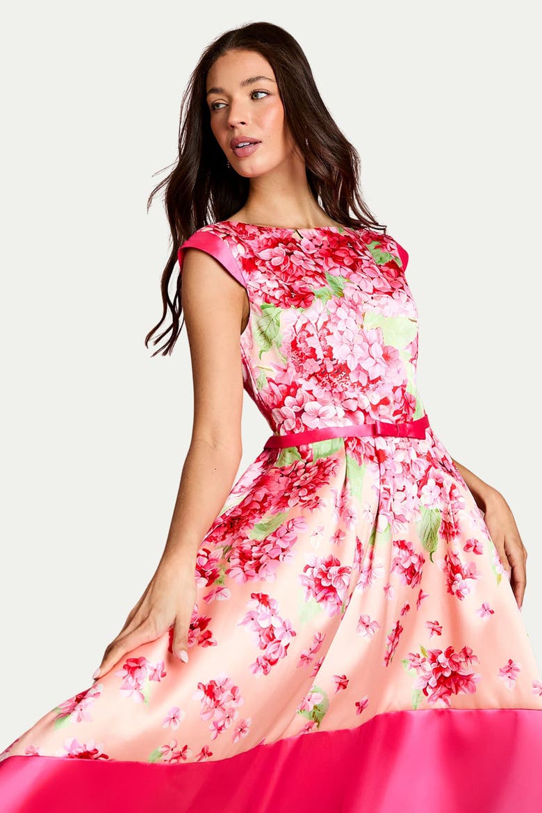 Twill Hi-lo Floral Printed Midi Dress, Alternate, color, Blush