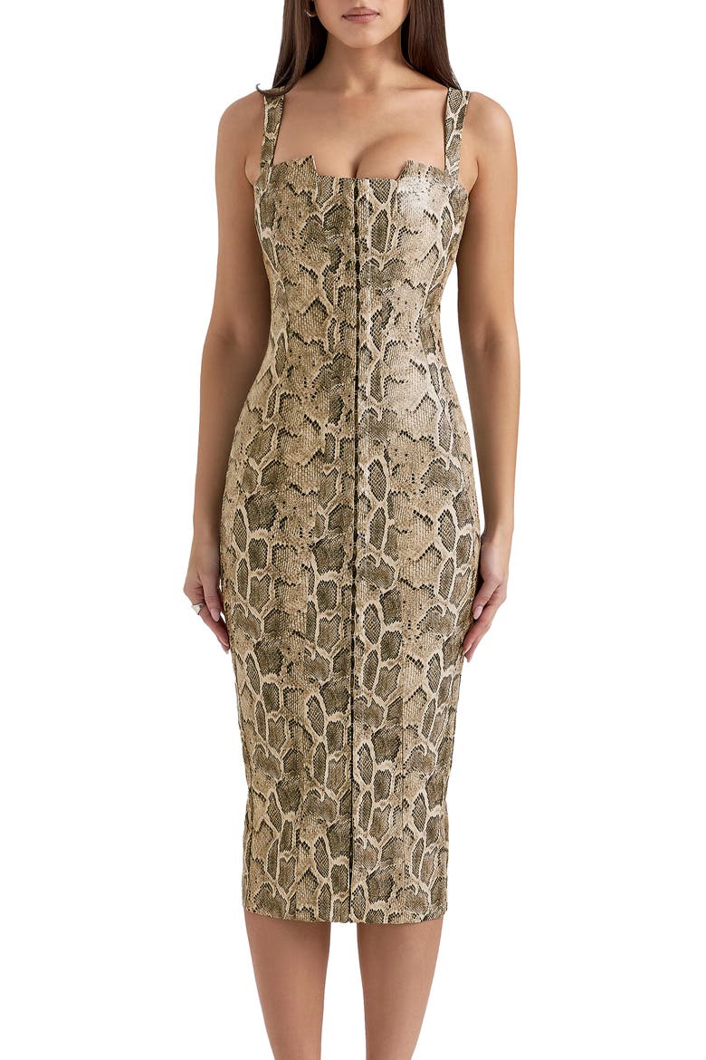 Gracie Panelled Faux Leather Midi Cocktail Dress, Alternate, color, BEIGE SNAKESKIN