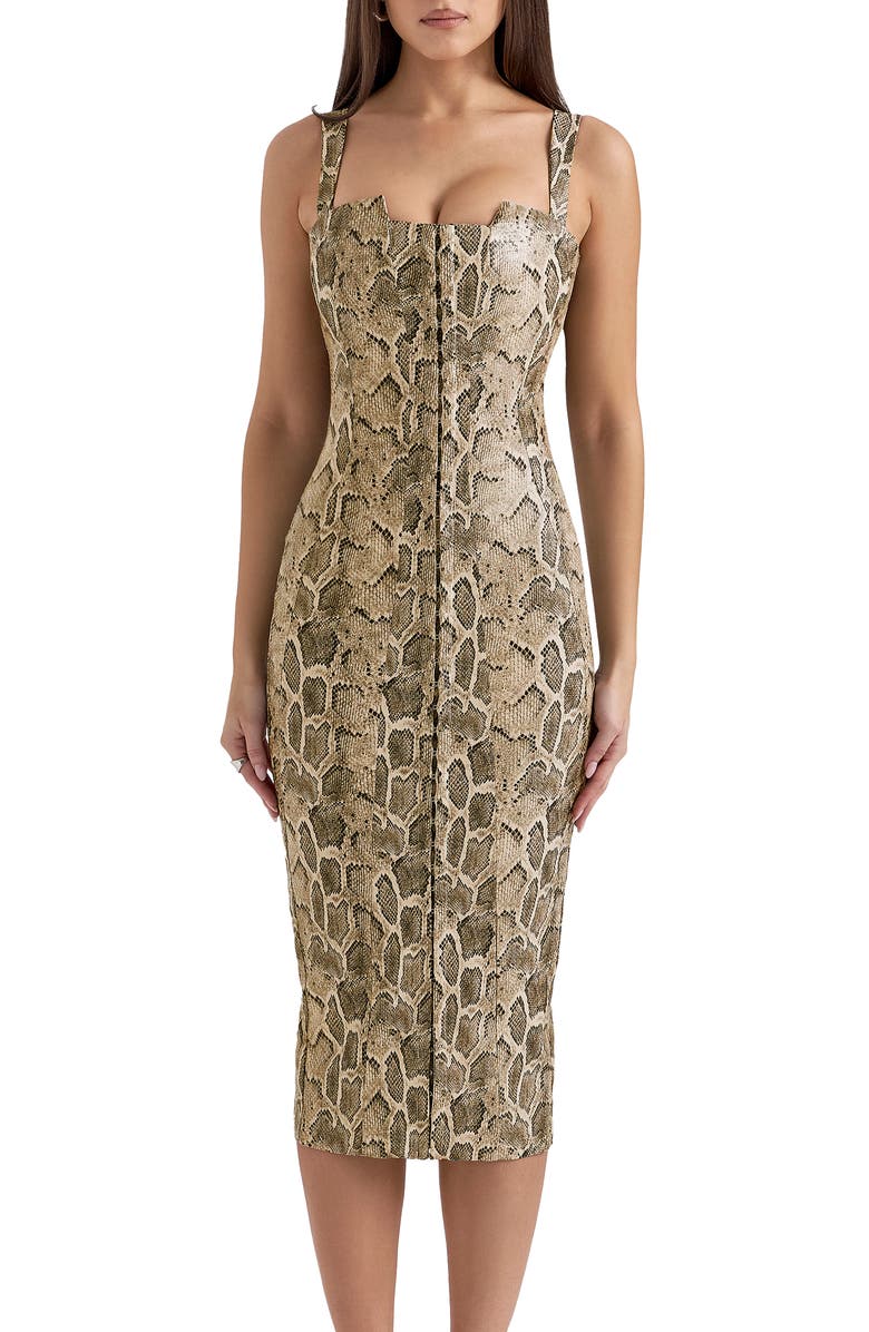 HOUSE OF CB Gracie Panelled Faux Leather Midi Cocktail Dress, Alternate, color, Beige Snakeskin