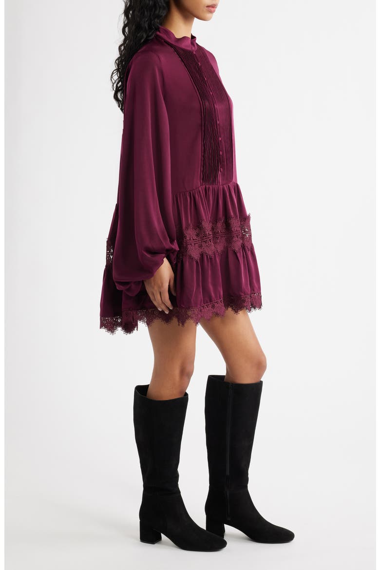 Antonia Lace Trim Long Sleeve Satin Minidress, Alternate, color, MULBERRY