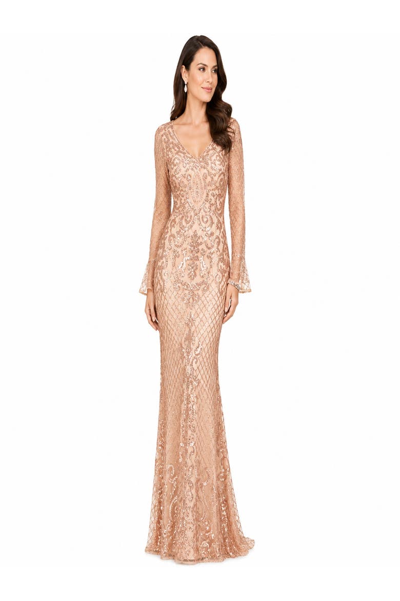 Beaded Long Sleeve V-Neck Gown, Alternate, color, Blush