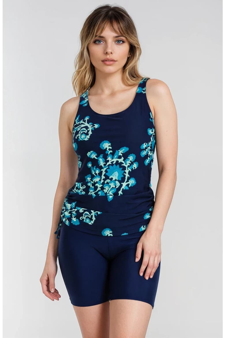 Maya Tankini Swim Top With Removable Cups and Navy Mid-Thigh Swim Shorts Set, Main, color, Barbados Blue