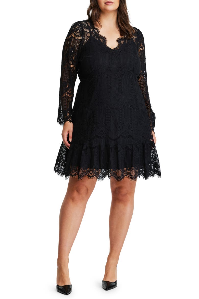 Lace Overlay Long Sleeve Dress, Main, color, BLACK