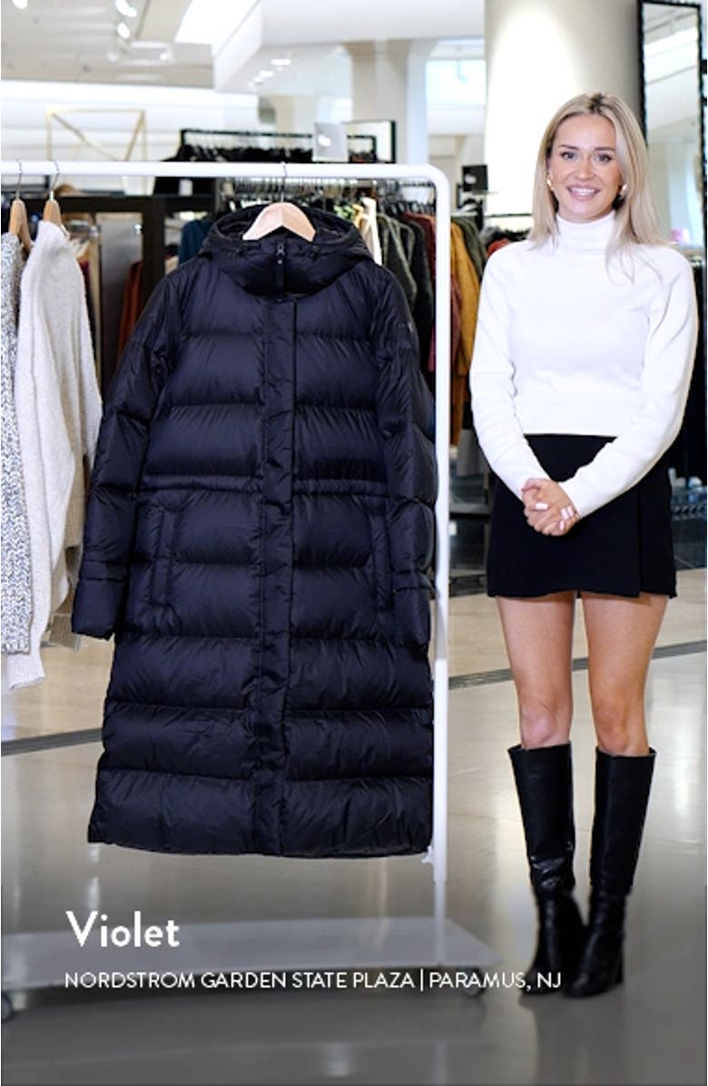 Essence Hooded 600 Fill Power Down Longline Puffer Coat, sales video thumbnail