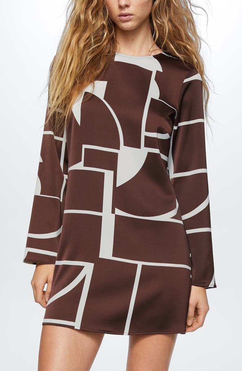 MANGO Geo Print Long Sleeve Satin Dress, Alternate, color, 