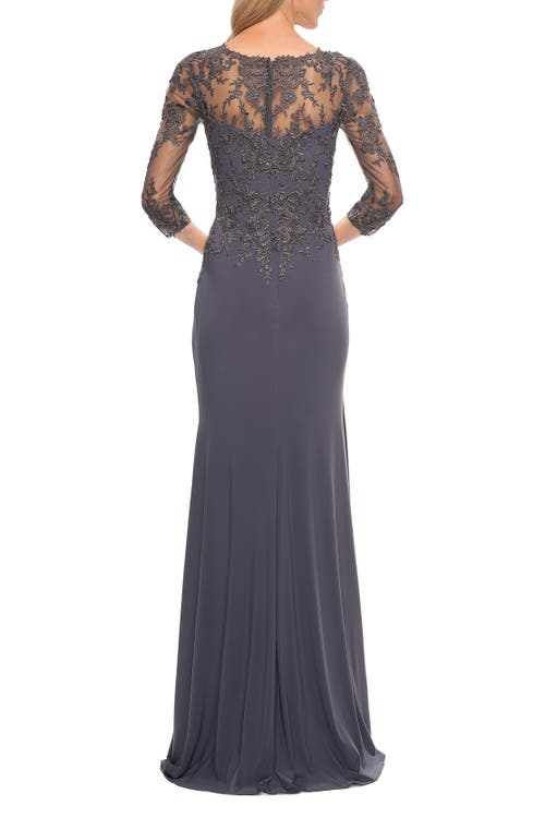 La Femme Lace And Net Jersey Gown With Illusion Sleeves In Gunmetal