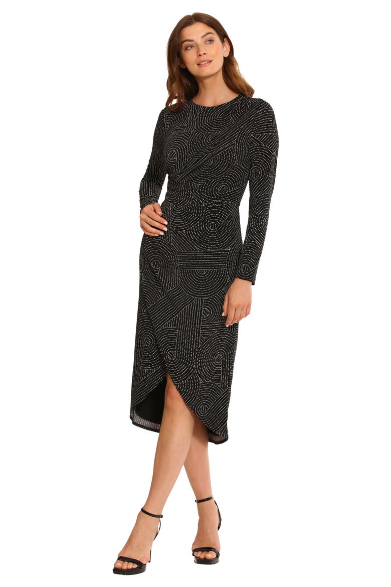 Abstract Print Long Sleeve Midi Dress, Alternate, color, BLACK/ SOFT WHITE