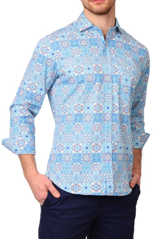 Tailorbyrd Mosaic Stretch Cotton Button-up Shirt In True Blue