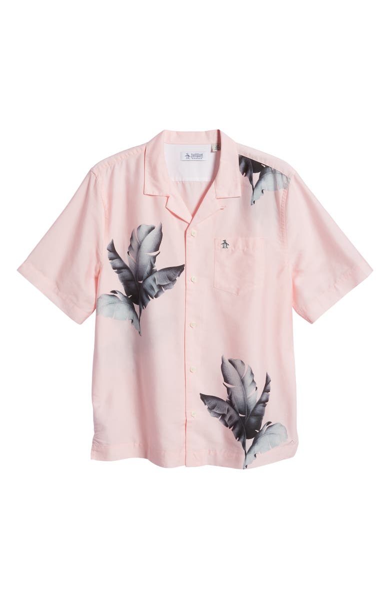 Original Penguin Men's Leaf Print Short Sleeve Lyocell & Cotton Button-Up Camp Shirt, Alternate, color, 