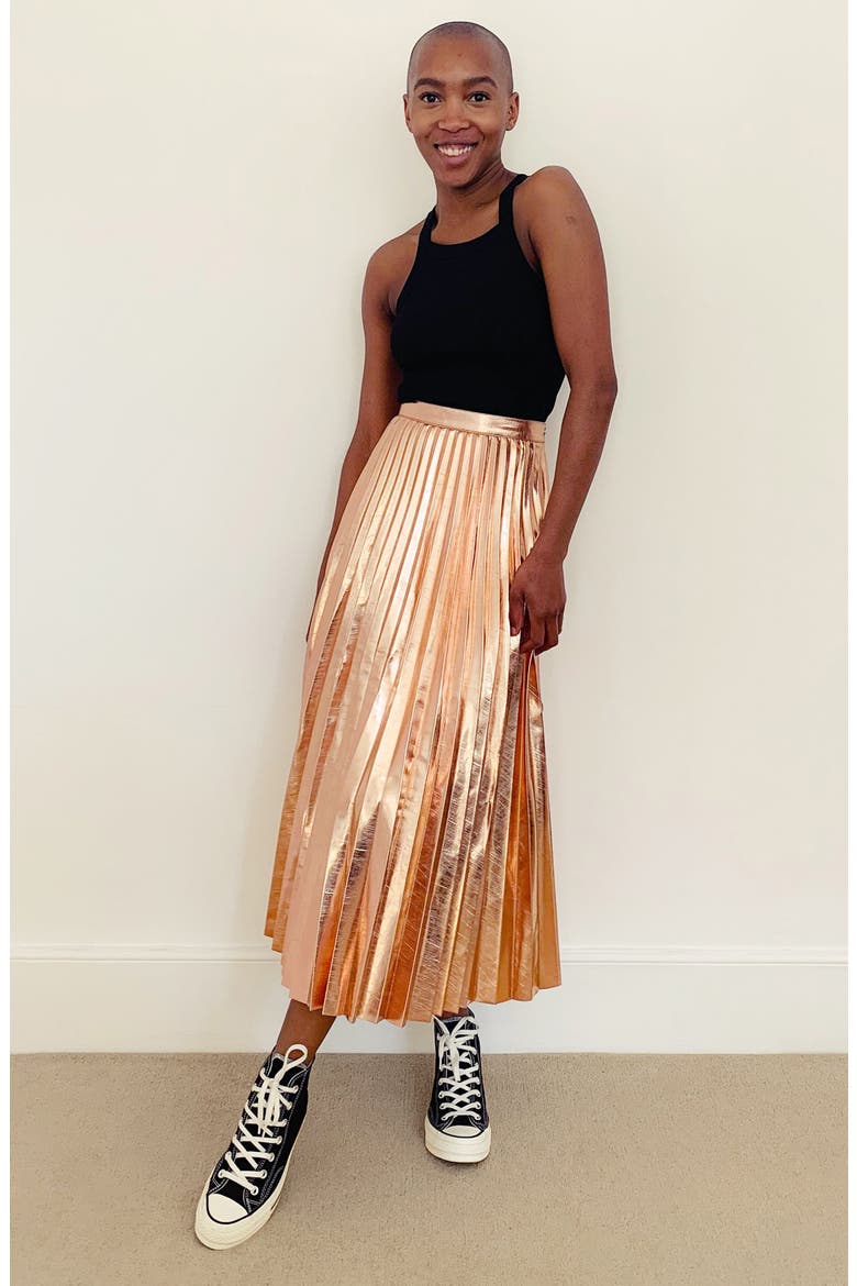 Pleated Metallic Faux Leather Midi Skirt, Alternate, color, ROSE GOLD