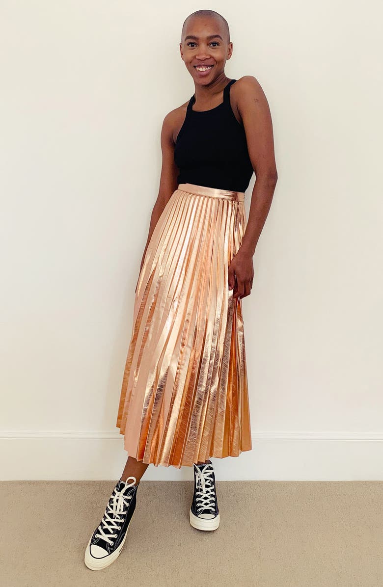 Topshop Pleated Metallic Faux Leather Midi Skirt, Alternate, color,