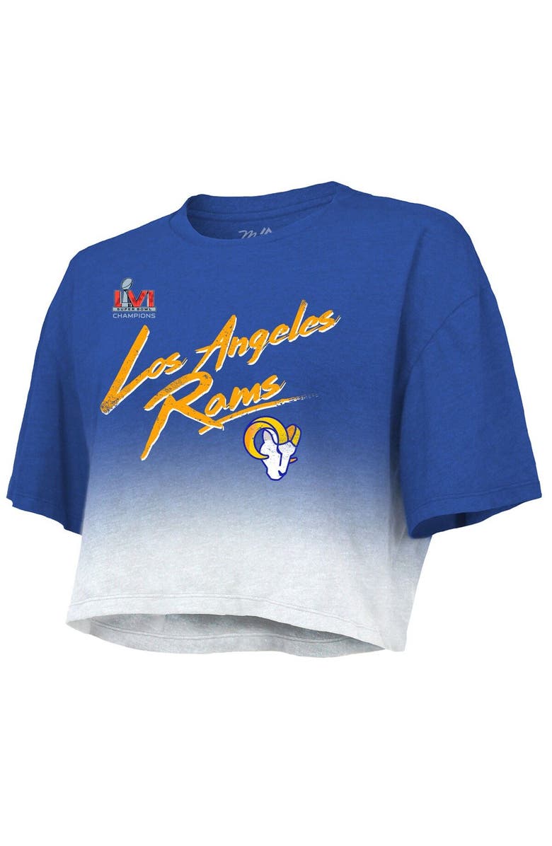 Majestic Threads Women's Majestic Threads Matthew Stafford Royal/White Los Angeles Rams Super Bowl LVI Champions Name & Number Dip Dye Crop Top, Alternate, color, 