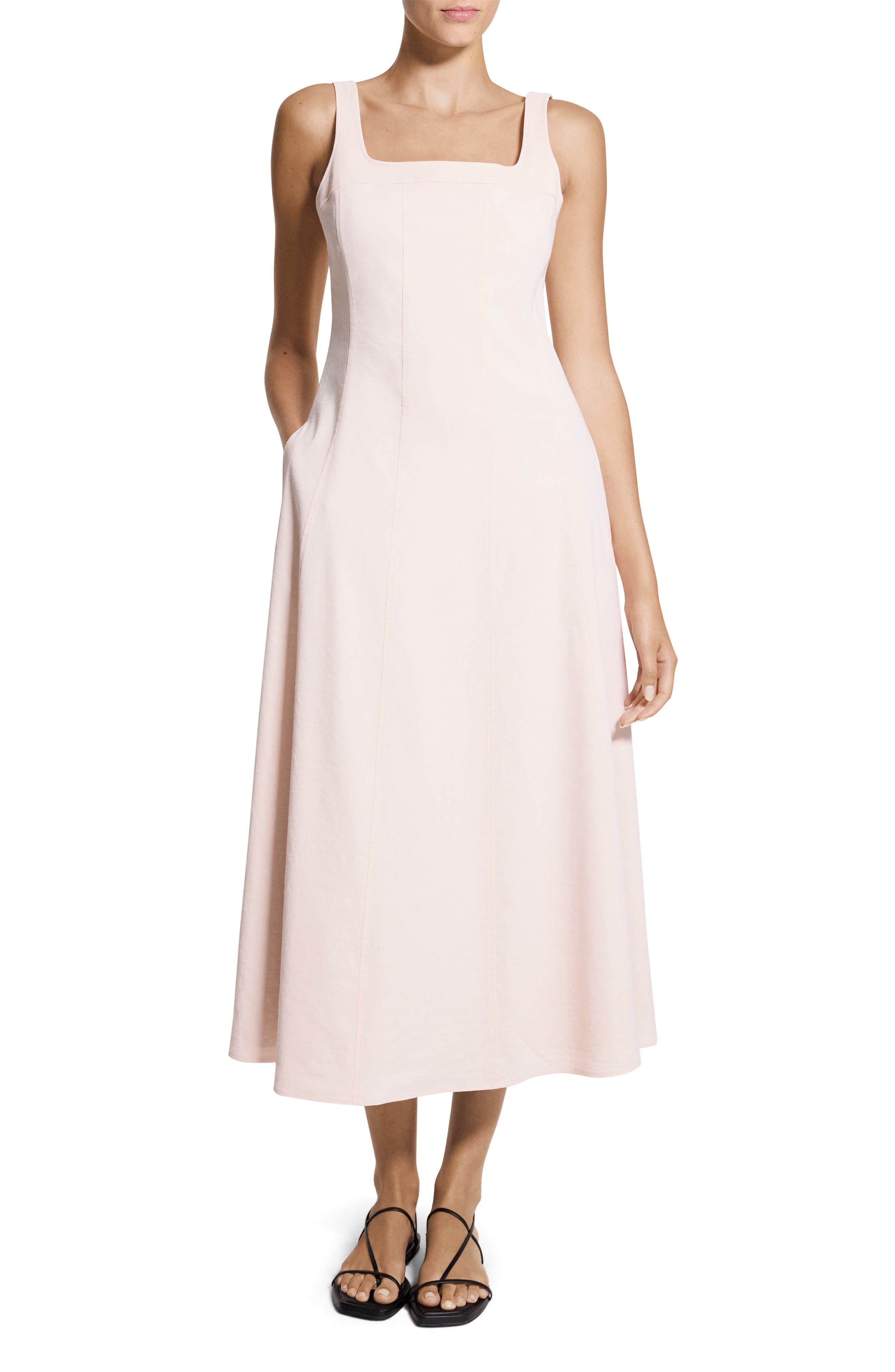 shimmer striped linen blend square neck midi dress Crochet Striped Square Neck Midi Sheath Dress