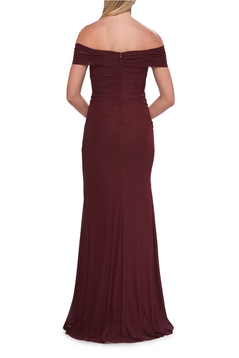 Off-the-Shoulder Ruched Jersey Gown, Alternate, color, Wine