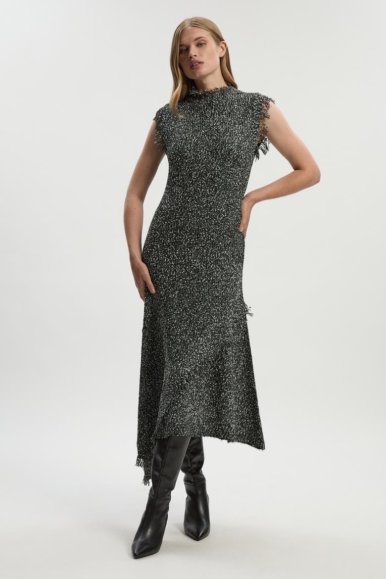 Tweed Yarn Fringe Trim Knitted Dress, Main, color, Black