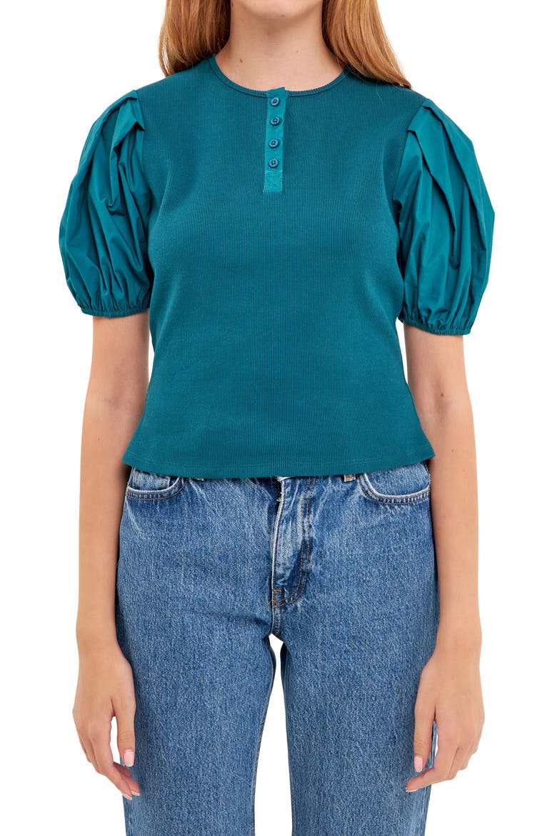 Puff Sleeve Henley, Alternate, color, TEAL