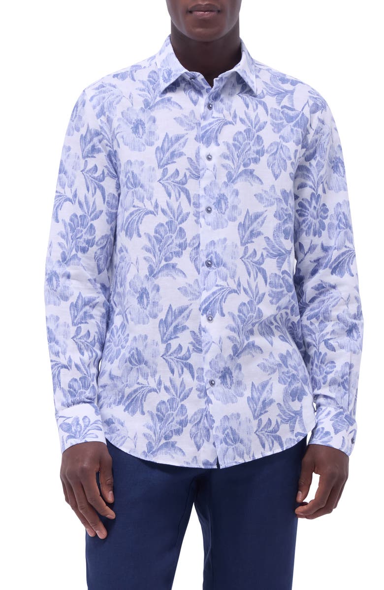 Bugatchi Julian Shaped Fit Linen Blend Button-Up Shirt, Main, color, Cobalt