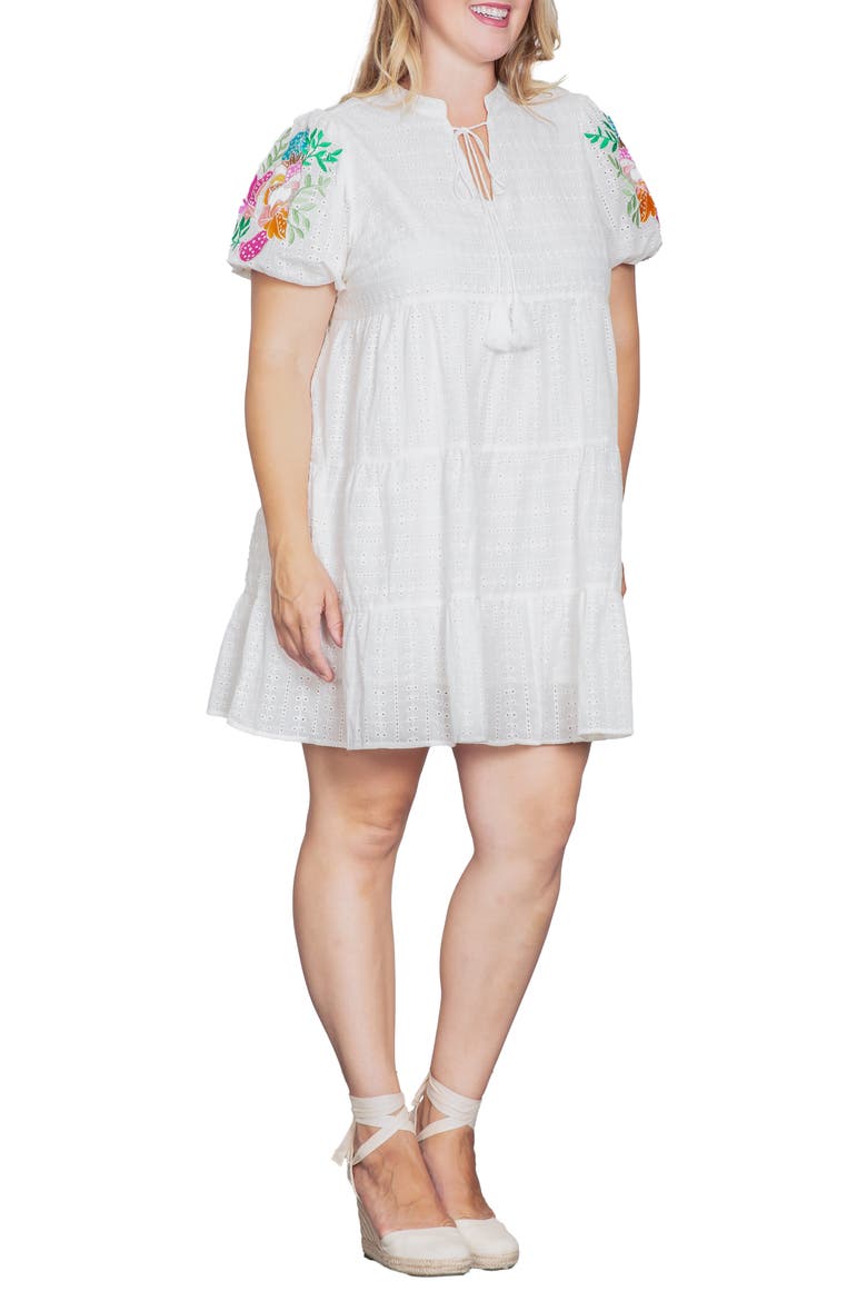 Embroidered Sleeve Cotton Eyelet Dress, Alternate, color, WHITE