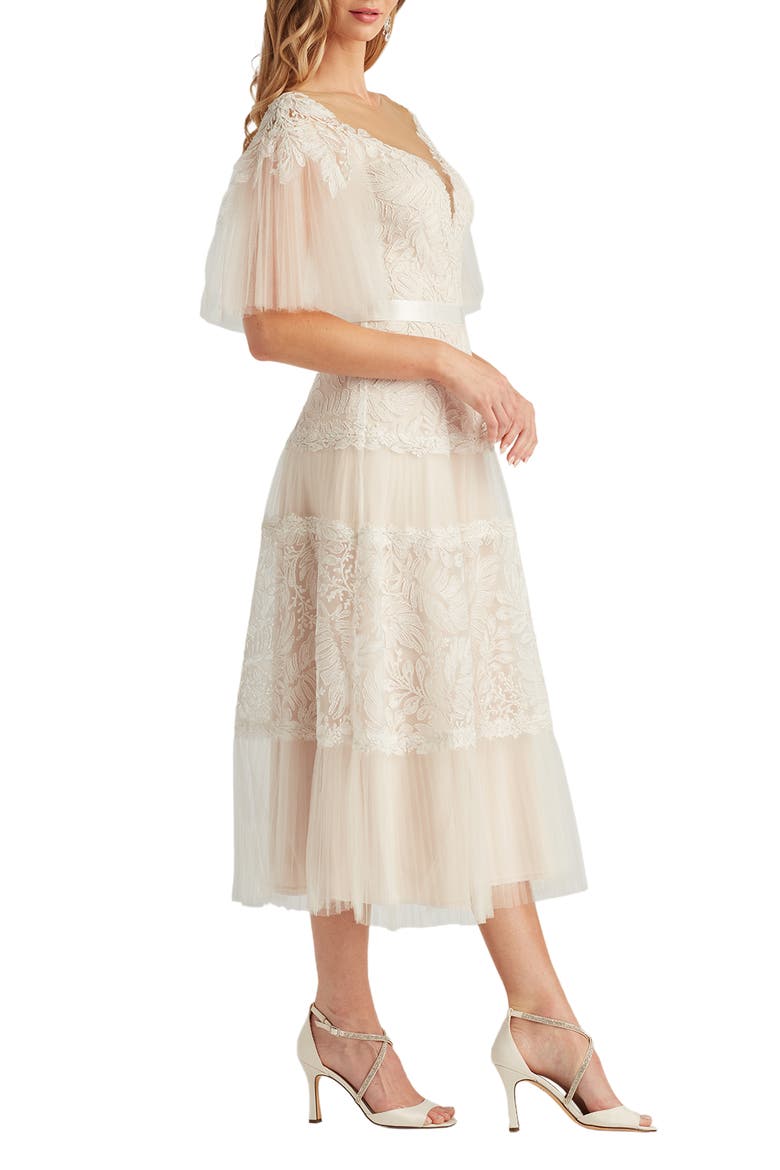 Lace & Mesh Flare Sleeve Midi Dress, Alternate, color, IVORY/ PETAL