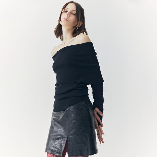 Ats Tess Croc Embossed Leather Mini Slit Skirt In Black