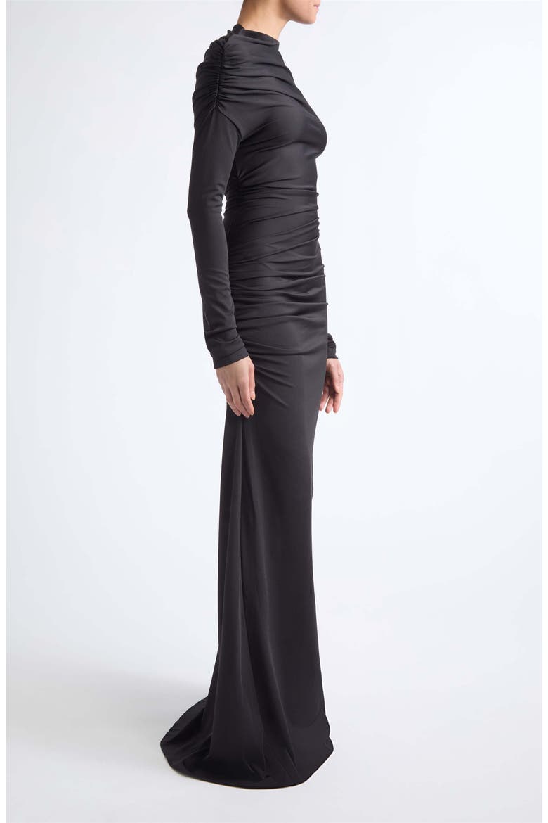 Draped Long Sleeve Column Gown, Alternate, color, BLACK