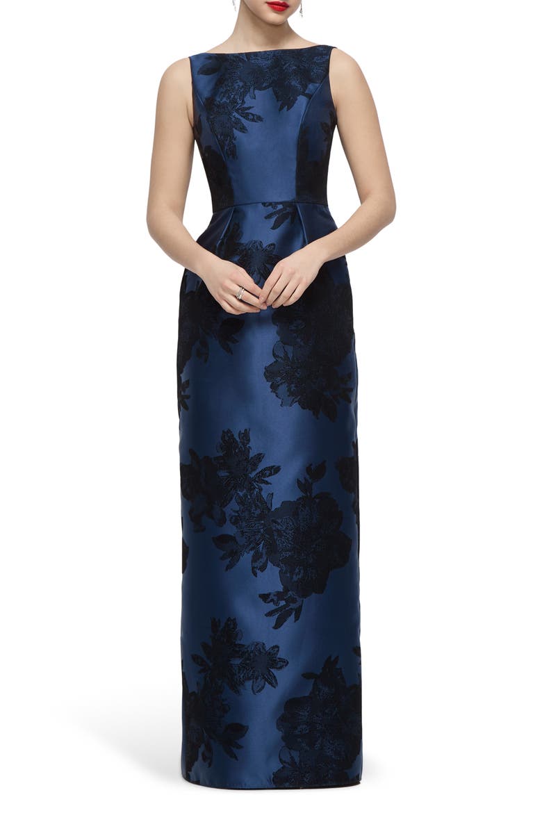 Lisette Floral Embroidered Sleeveless Satin Gown, Main, color, SOFT NAVY/ BLACK