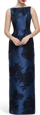 Alfred Sung Lisette Floral Embroidered Sleeveless Satin Gown