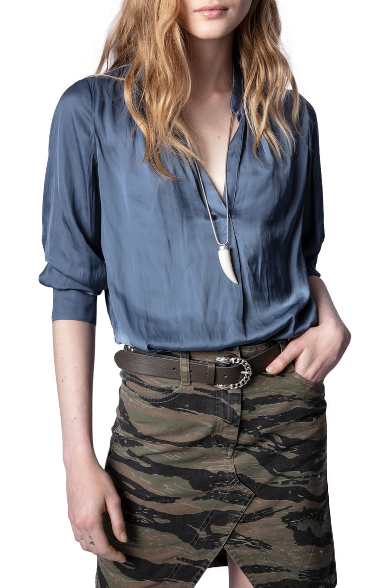Tink Split Neck Satin Blouse, Main, color, BLEU DE GRIS