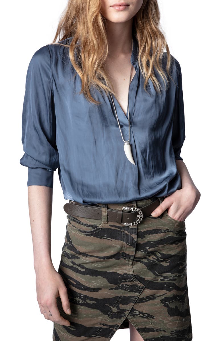 Zadig & Voltaire Tink Split Neck Satin Blouse, Main, color, 